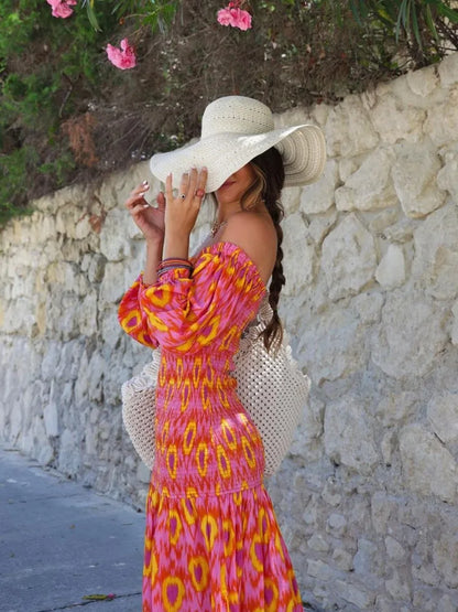 Women's Elastic Slim Mid-Calf Dress Vintage Vacation Club Vestido Ladies Slash Neck Puff Long Sleeve A-line Robe Fashion Elegant