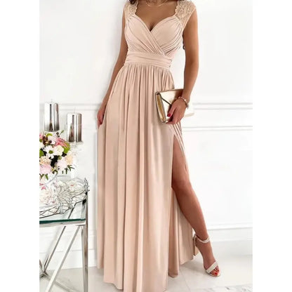 2024 New European and American Sex Pleated Stitching Long Slit Dress Long Skirt Dress White Dress