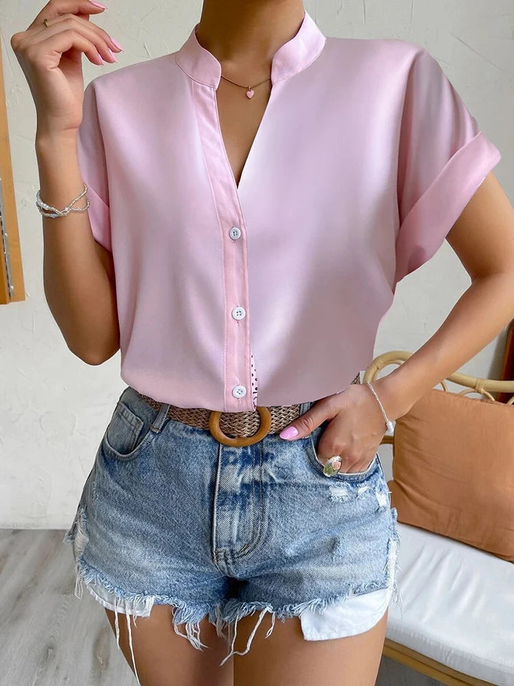 Casual V Neck Solid Shirt Blouse Office Lady Spring Summer Fashion Elegant Short Sleeve Slim Shirts For Women  White Tops