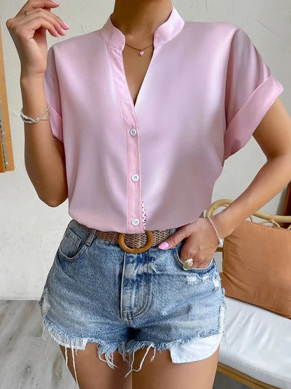 Casual V Neck Solid Shirt Blouse Office Lady Spring Summer Fashion Elegant Short Sleeve Slim Shirts For Women  White Tops