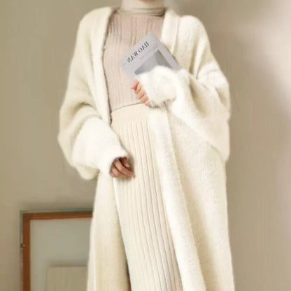 white Long Cardigan for women 2024 winter clothes Knitted fluffy long sleeve Cashmere sweater coat clotkorean style warm vintage