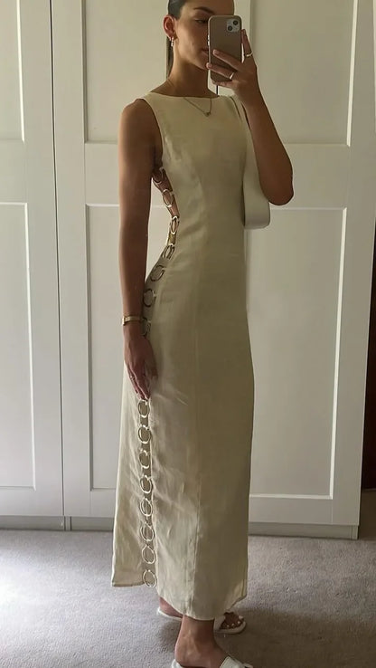 Summer Sexy Iron Ring Connected Dress Women Slim O Neck Sleeveless Hollow Out Maxi Dresses Spring Chic Ladies Party Club Outfits