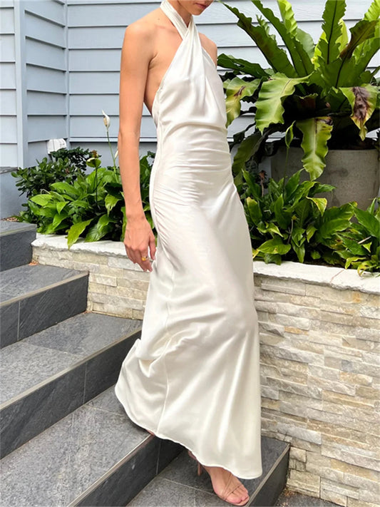 Elegant Cross Halterneck Satin Long Dress Party Evening Gown Vestidos Women Sleeveless Backless Summer Dresses