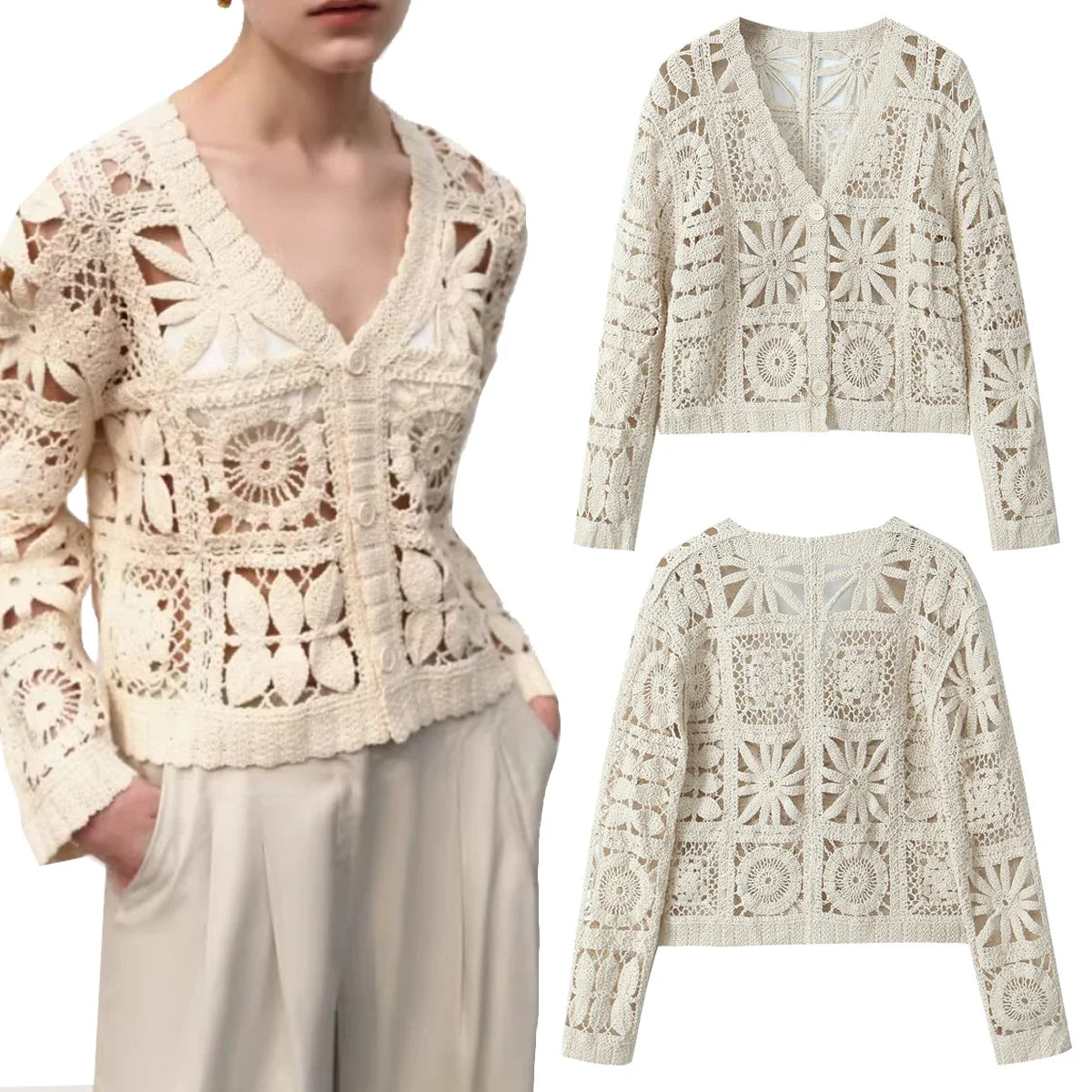 Women's new cardigan V-neck three-dimensional hollow hook flower lazy versatile single breasted long sleeved knitted sweater