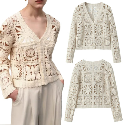 Women's new cardigan V-neck three-dimensional hollow hook flower lazy versatile single breasted long sleeved knitted sweater