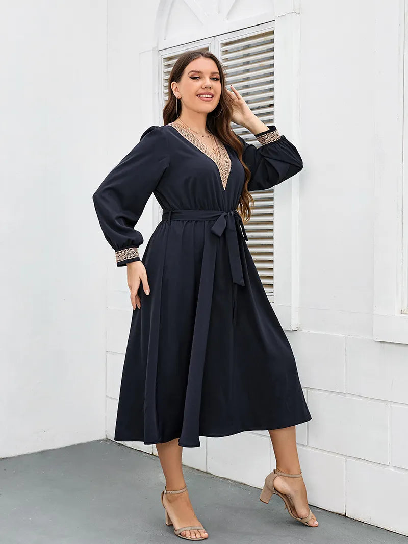 Plus Size Women Dress V Neck Long Sleeves Robe Waist Belt Solid Color Dress Autumn Female Elegant Party Long Gown Clothing