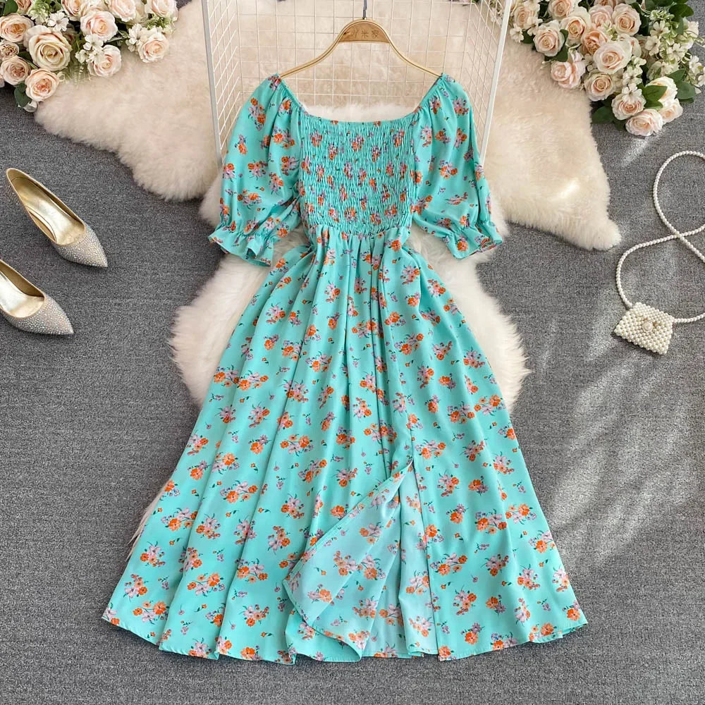 2024 Fashion New Summer Flower Print Long Dress Women Vintage Square Neck Ruched Chest Split  Sundress Party Vestidos