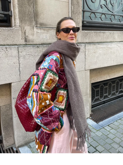 Fashion Print Quilted Jacket Women Casual Loose Long Sleeved Pocketed Zipper Coat 2024 Autumn Winter Commuting Female Overcoat