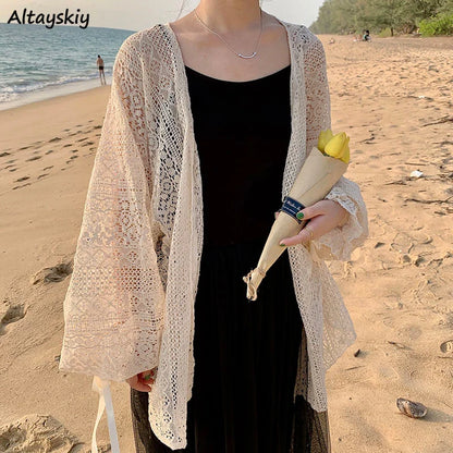 Cardigan Women Hollow Out Thin Summer Sweet Preppy Style Ulzzang Solid All-match Korean Style Femme Simple Chic Daily Mujer Tops