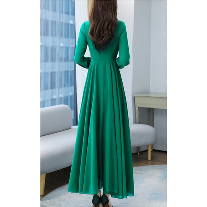 Spring Autumn Maxi Dresses Fashion Female Vintage Full Sleeve Solid A-line Casual Chiffon Dress Women Long Dresses Muslim Dress