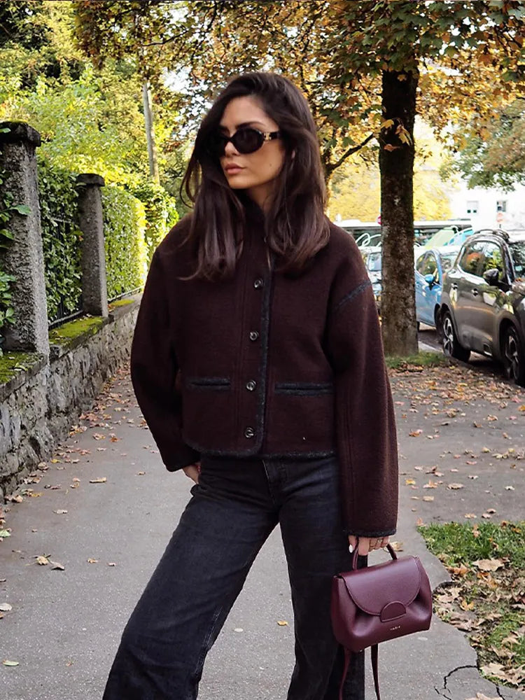 Casual Single-breasted Woolen Coat Women 2023 Autumn Winter Chic Long Sleeve Stand Collar Brown Jacket Female Fashion Streetwear