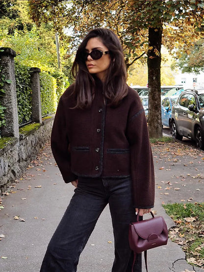 Casual Single-breasted Woolen Coat Women 2023 Autumn Winter Chic Long Sleeve Stand Collar Brown Jacket Female Fashion Streetwear