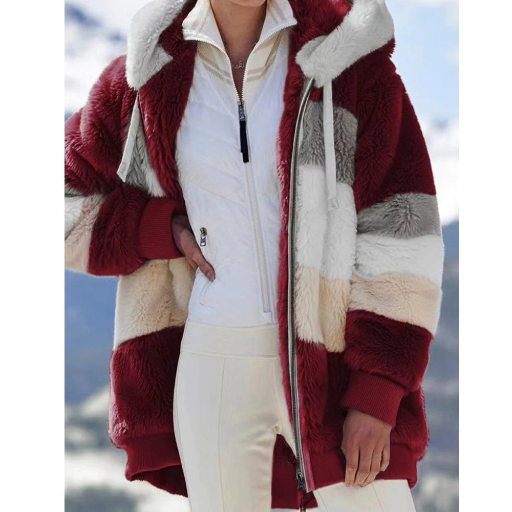 Winter Coat Woman Down Jacket 2023 Hooded Zipper Ladies Jacket Spliced Stitch Cashmere Women Jacket Stitching Plaid Ladies Coats