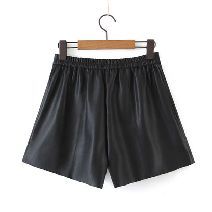 Fashion Elastic Waist PU Wide Leg Shorts Plus Size Women Clothing Good Quality Autumn Winter  Stylish A-Line Leather Bootcut