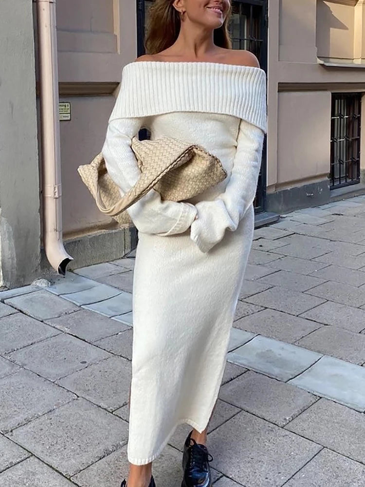 Vintage Women Elegant Off The Shouder Bomb Knitted Long Dresses Spring Fashion Ladies Slim Chic Dress Female Stylish