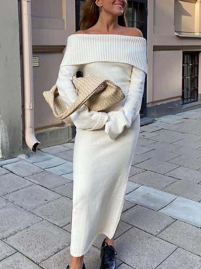 Vintage Women Elegant Off The Shouder Bomb Knitted Long Dresses Spring Fashion Ladies Slim Chic Dress Female Stylish