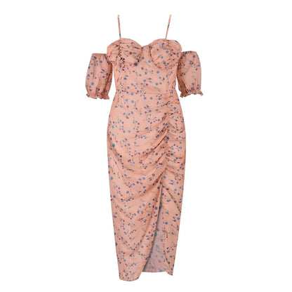 Women's Printing Dresses Summer Short Sleeve Irregular Hem Dresses High Slit Wrap Chest Strap Dress For Women Party Vestidos