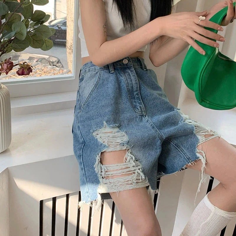 MEXZT S-5Xl Denim Shorts Women High Waist Hole Jeans Shorts Summer Streetwear Korean Vintage Distressed Wide Leg Short Pants New