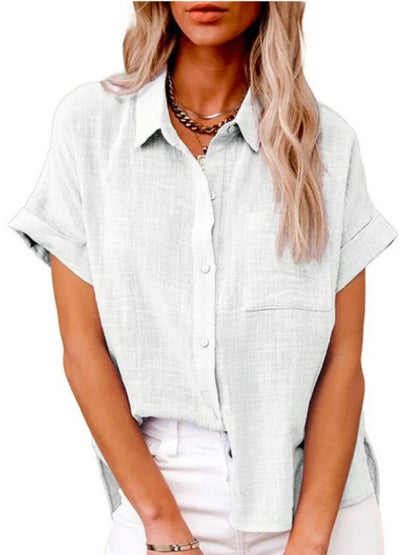Women Blouse Shirt Casual Office Linen Solid Loose Vintage Overshirt Elegant Female Single Breasted Short Sleeved Tops Plus Size