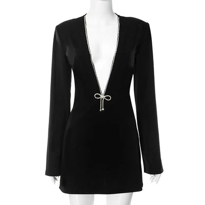Ladies Elegant Deep V Long Sleeve Mini Dress Women Fashion Solid Color High Waist Slim Dresses Female Nightclub Party Vestidos