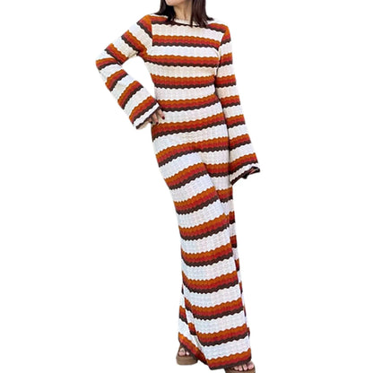 Knitted Hollow Out Dress Women's Striped Print Contrast Color Beach Vacation Long Dress Cover Up Maxi Dress For Women Vestido
