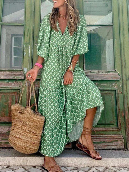 Fashion Women Print Dress Summer Loose Boho Dress Casual Elegant Short Sleeve Beach Party Dresses For Woman Robe Femme  New