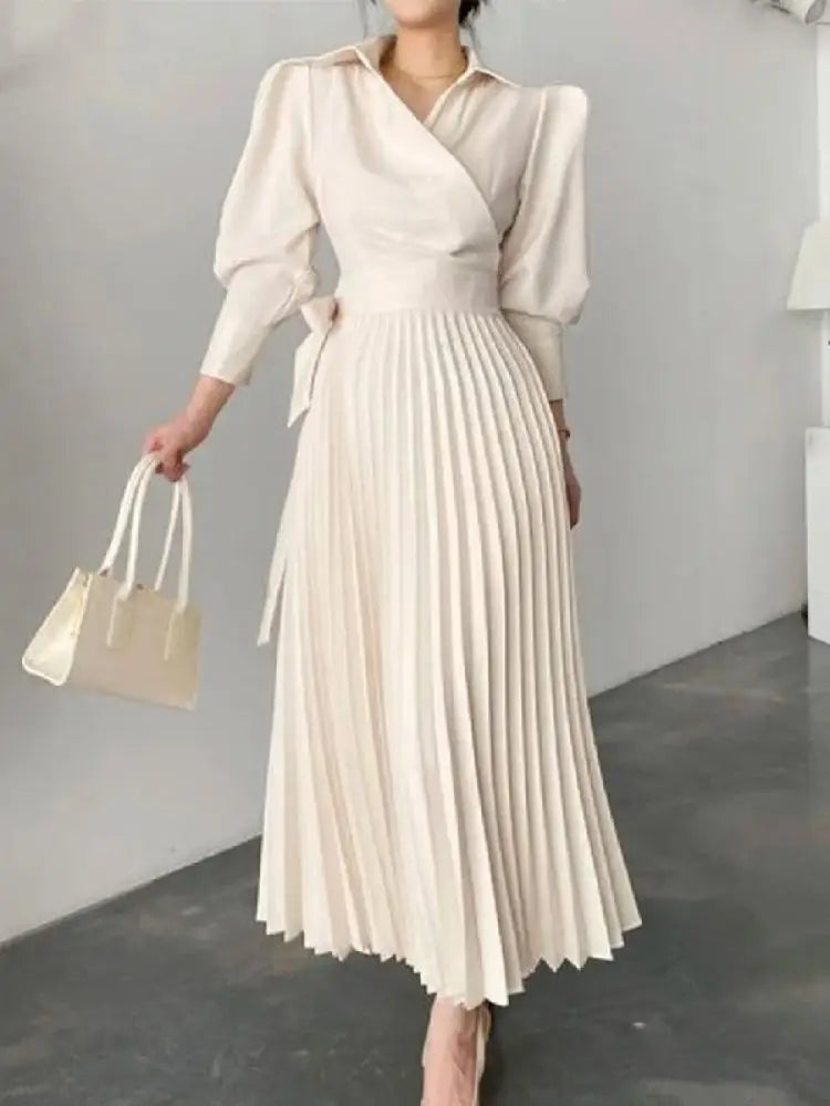 Onecozyday Women Midi Dress 2023 Autumn New Laple Collar Puff Sleeves High Waisted Pleated Dresses Elegant Evening Party Dress