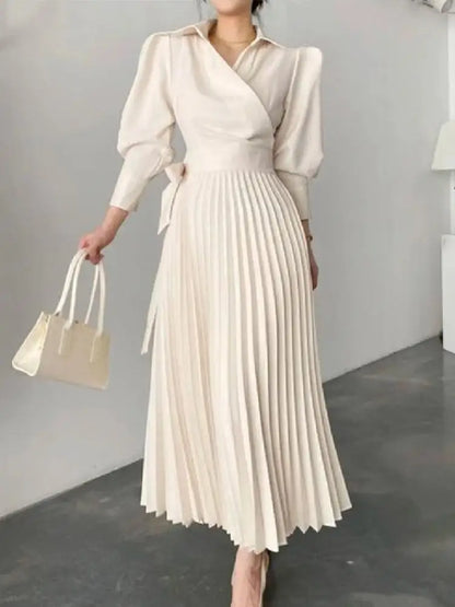 Onecozyday Women Midi Dress 2023 Autumn New Laple Collar Puff Sleeves High Waisted Pleated Dresses Elegant Evening Party Dress