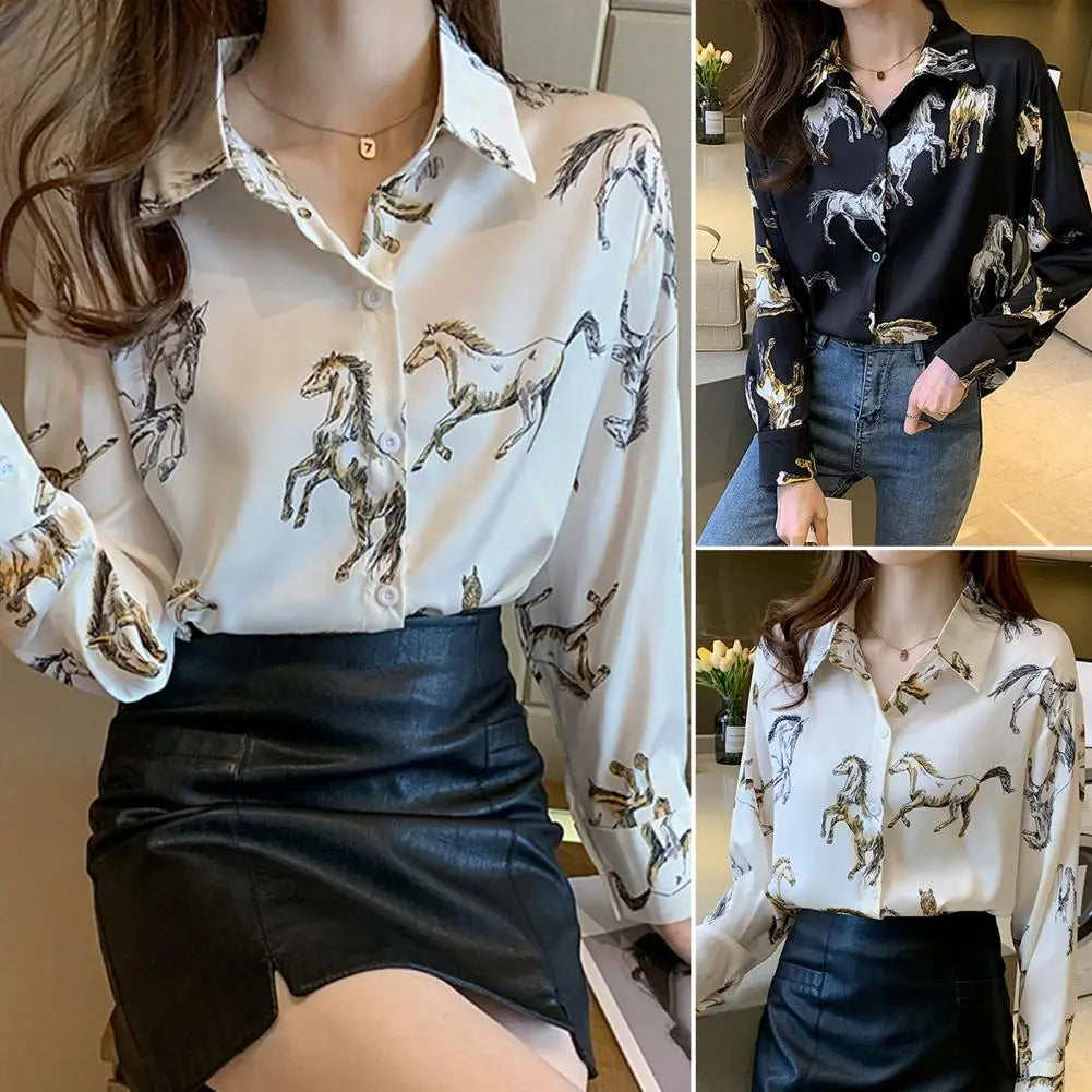 Women Spring Shirt Horse Print Lapel Single-breasted Long Sleeves Lady Shirt Loose OL Style Age Reducing Women Blouse For Work