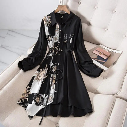 Korean Fashion Print Dress Women Autumn Spring Casual Luxury Design Long Sleeve Long Midi Shirt Dress Belted Female Vestidos