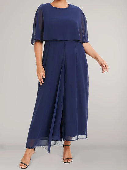 Plus Size Solid Wide Leg Jumpsuit, Casual Crew Neck Short Sleeve Jumpsuit, Women's Plus Size Clothing
