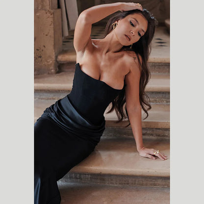 Elegant Strapless  Sexy Dress Women Black Fashion Off-shoulder Sleeveless Backless Club Party Long Dress XY23566DG