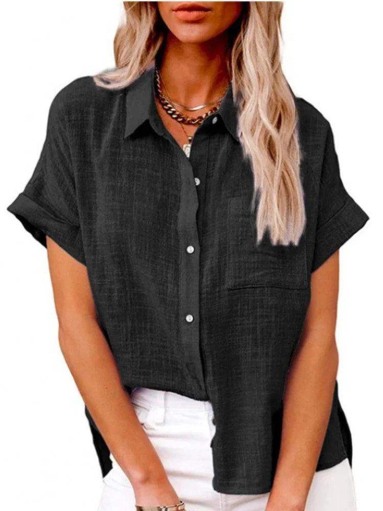 Women Blouse Shirt Casual Office Linen Solid Loose Vintage Overshirt Elegant Female Single Breasted Short Sleeved Tops Plus Size
