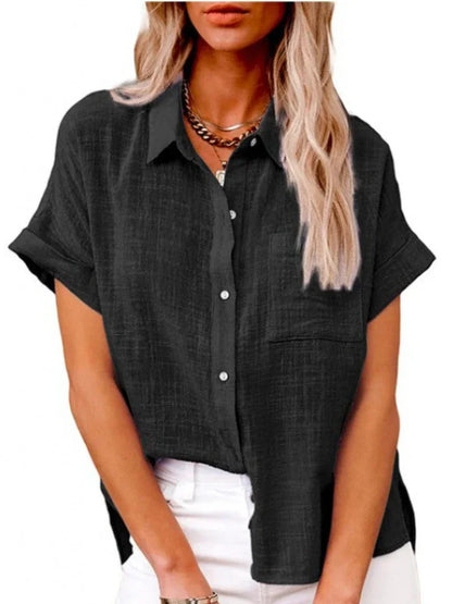 Women Blouse Shirt Casual Office Linen Solid Loose Vintage Overshirt Elegant Female Single Breasted Short Sleeved Tops Plus Size