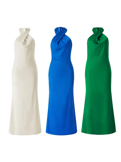 Elegant Cross Halterneck Satin Long Dress Party Evening Gown Vestidos Women Sleeveless Backless Summer Dresses