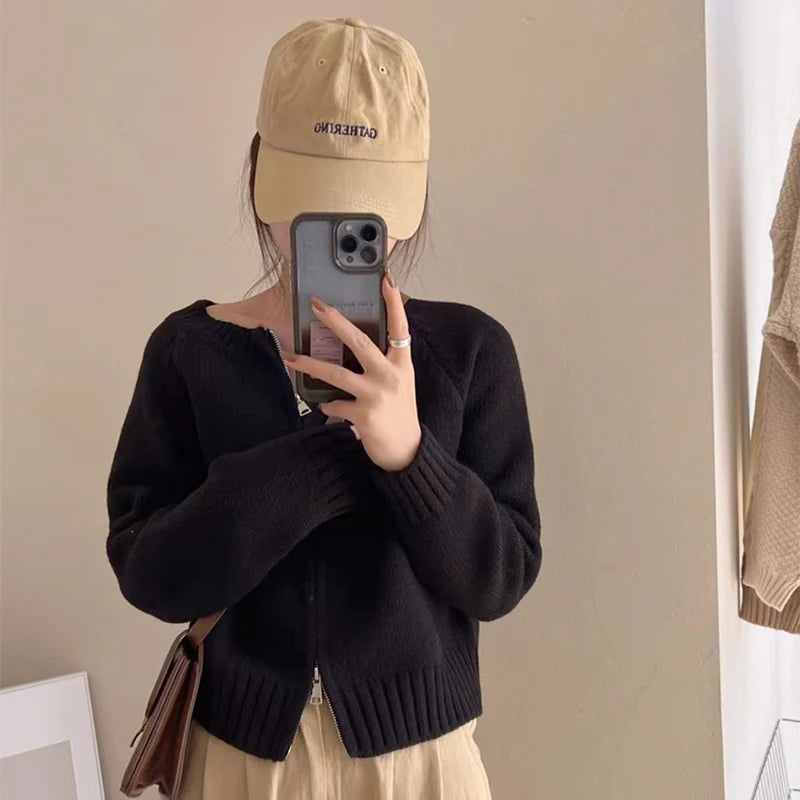 2023  Autumn Korean Knitted Cardigan Women Zipper Cropped Sweaters Vintage Knitwear Coat Casual Short Jumpers Jackets Outerwear