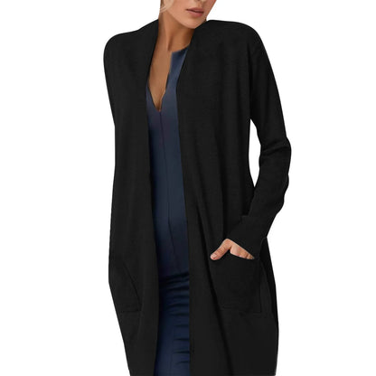 Women'S Fashion Casual Cardigan Long Sleeve Open Front Loose Mid Long Cardigan With Pockets Ladies Black Solid Color Sweather
