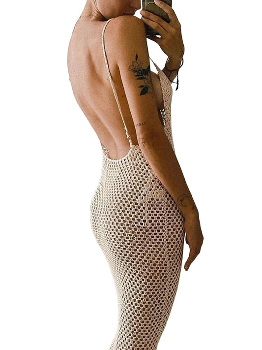 Women s Crochet Cutout Backless Beach Cover Up Dress for Bikini Swimsuit Bathing Suit Summer Clothes with Knitted Design