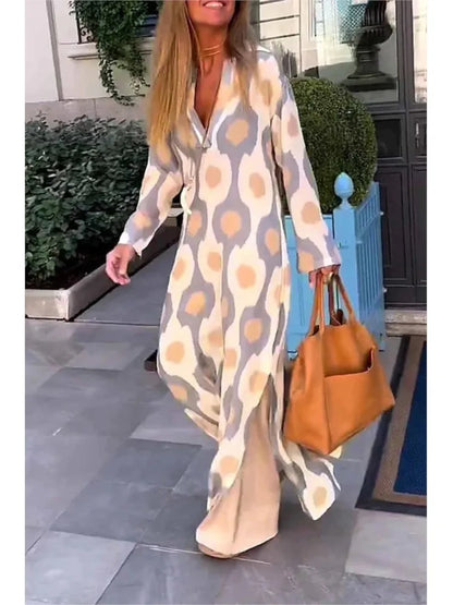 Women Geometric Printing Split Maxi Dress 2024 Autumn Causal V Neck Long Sleeve Dresses Female Holiday Beach Boho Dress Vestidos