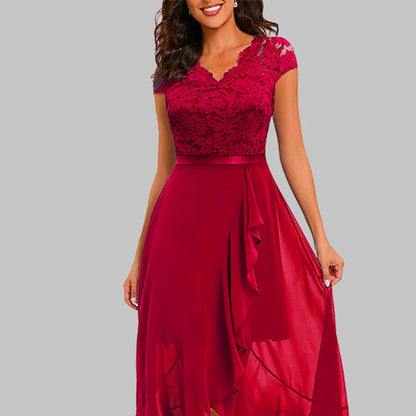 Sexy Women Asymmetrical Solid Lace V Neck Midi Dress Ladies Mesh Party Gown Club Evening