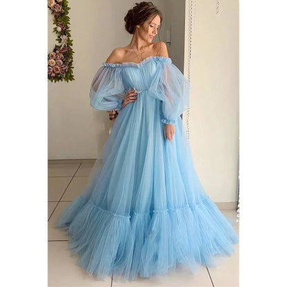 Women's Dresses Solid Candy Color Long Sleeve Off Shoulder Slash-Neck Fashion Gauze Long Full Length Swing Dress Party Dresses