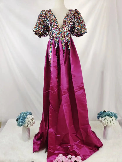 Sexy Sequins Dress Woman V-neck Banque Fashion Gothic Split Long Skirts Party Clothes Ball Gown Dresses For Women