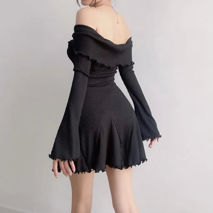 Autumn Black A-LINE Dress Women Streetwear Sexy Strapless Off Shoulder Long Sleeves Knitting Mini Dresses Club Elegant Partywear