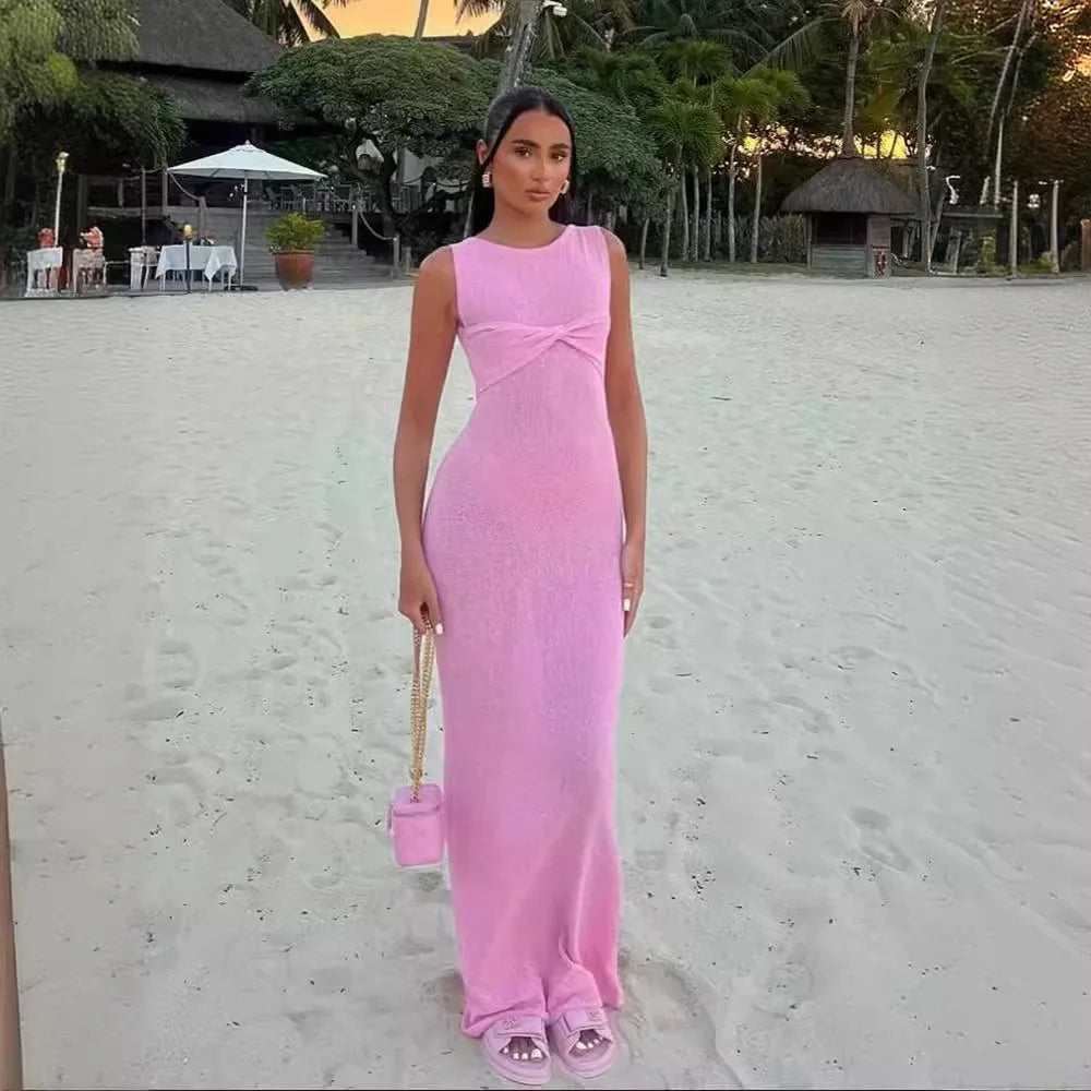 White Knitted Long Dress Women Sexy See Through Slim Beach Dress Summer Elegant Fashion Sleeveless Holiday Outfits 2024 Pink