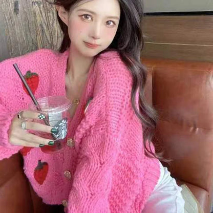 Autumn Women's Strawberry Kintted Cardigan Long Sleeve Loose Single Breasted Sweater Coat Female Fashion Thicken Warm Cardigans