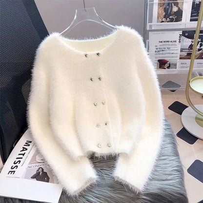 Imitation Mink Soft Knit Cardigans For Wman 2023 Autumn Winter Korea Fashion Short Chic Top Street Casual Sweater Coat Women