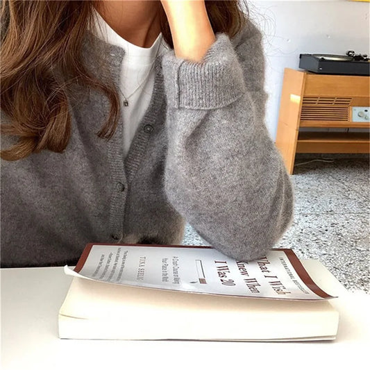 Solid Color Knitted for Women Cardigan Korean Single Breasted Long Sleeve Jumper Woman Round Neck All Match Cardigans Outwear