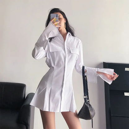 HOUZHOU Black Shirt Dress Women Elegant Vintage Long Sleeve Dresses Sexy Gothic Pleated Streetwear Turn-down Collar Casual Robe
