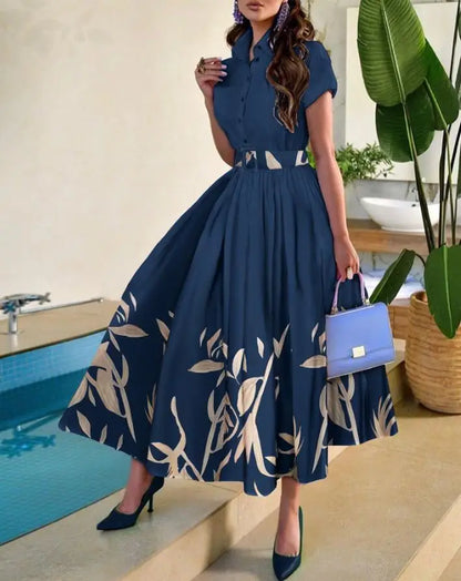 Ladies Dress 2023 Summer New Elegant Lapel Floral Ruffle Button Shirt Dress Vacation Short Sleeve Dress Fashion Streetwear