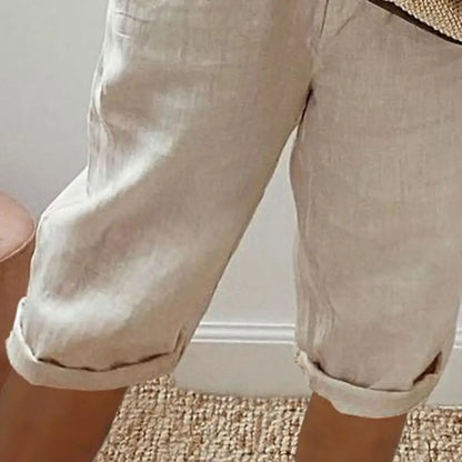 Women Cotton Linen Shorts Vintage Loose Wide Leg Trousers Drawstring Knee-length Pants for Ladies Elastic Waist with Pockets